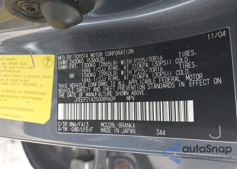 2005 Toyota Highlander V6 z USA, uszkodzony, nr VIN JTEEP21A250089609